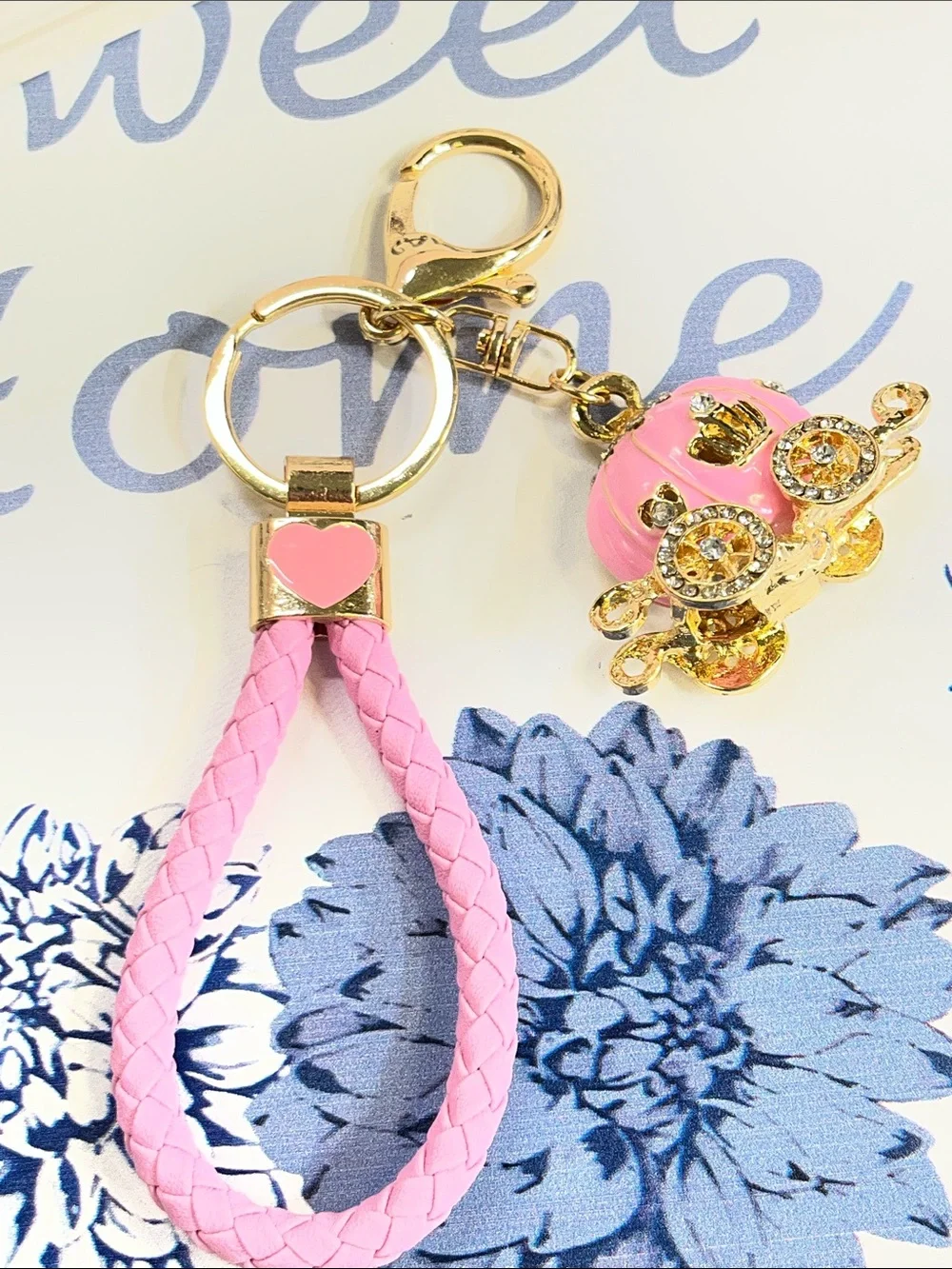 Pink Braided Strap Keychain with Gold Carriage Charm